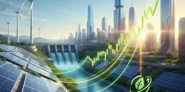 Illustration of green energy sources powering a rising stock market graph.