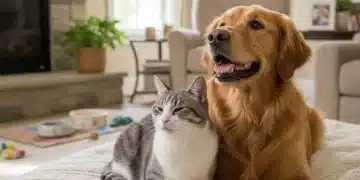 Happy golden retriever and domestic shorthair cat resting peacefully on a blanket.