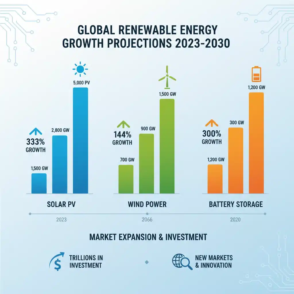 Infographic showing projected global growth of renewable energy technologies.
