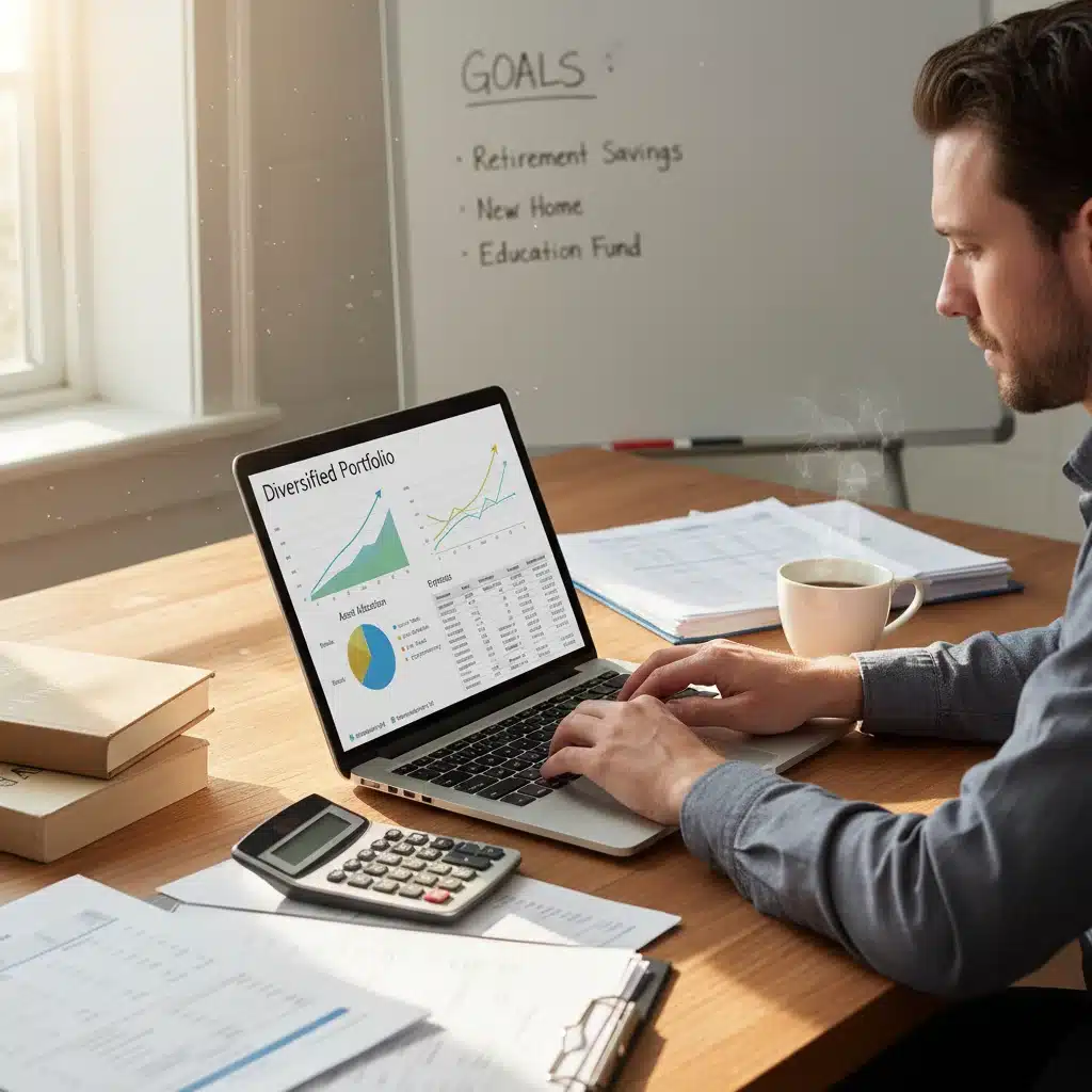Person tracking investments and finances on laptop