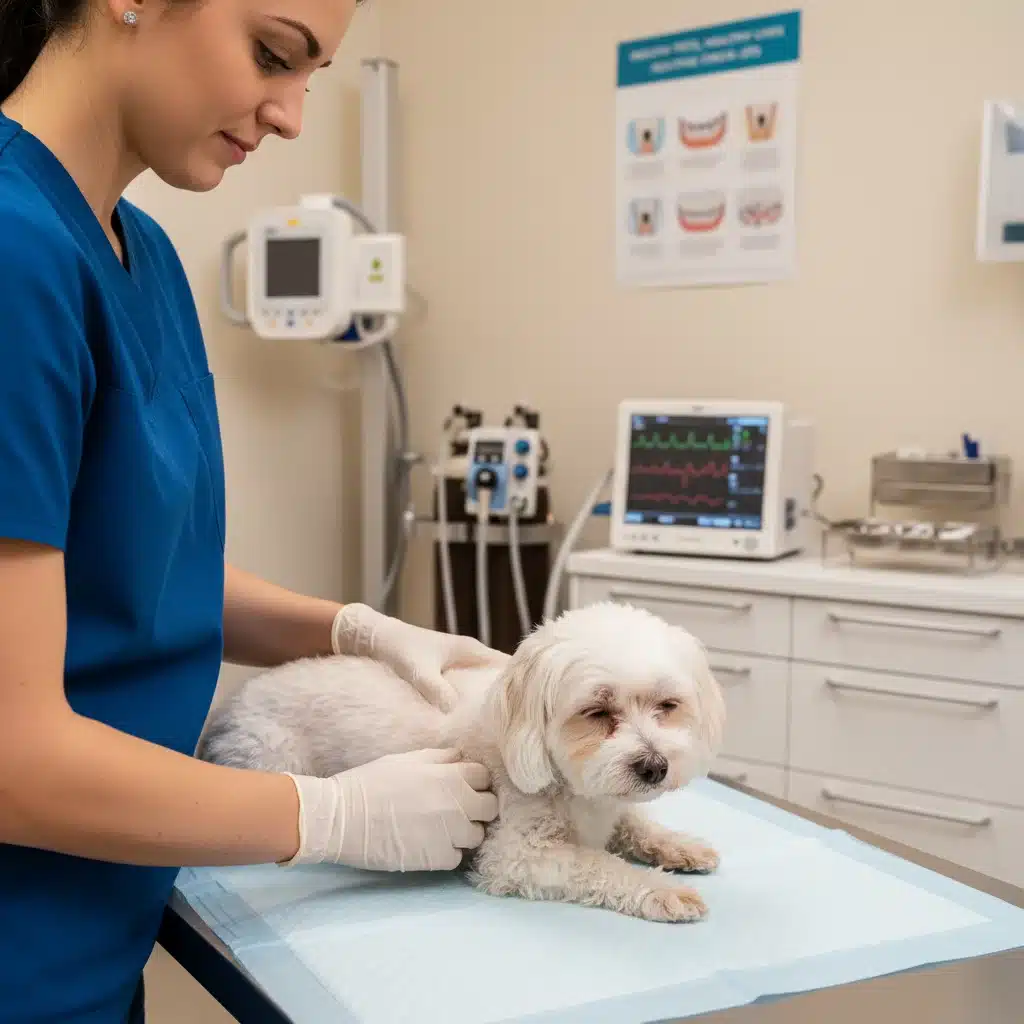 Veterinarian performing a check-up on a small dog in a clinic.