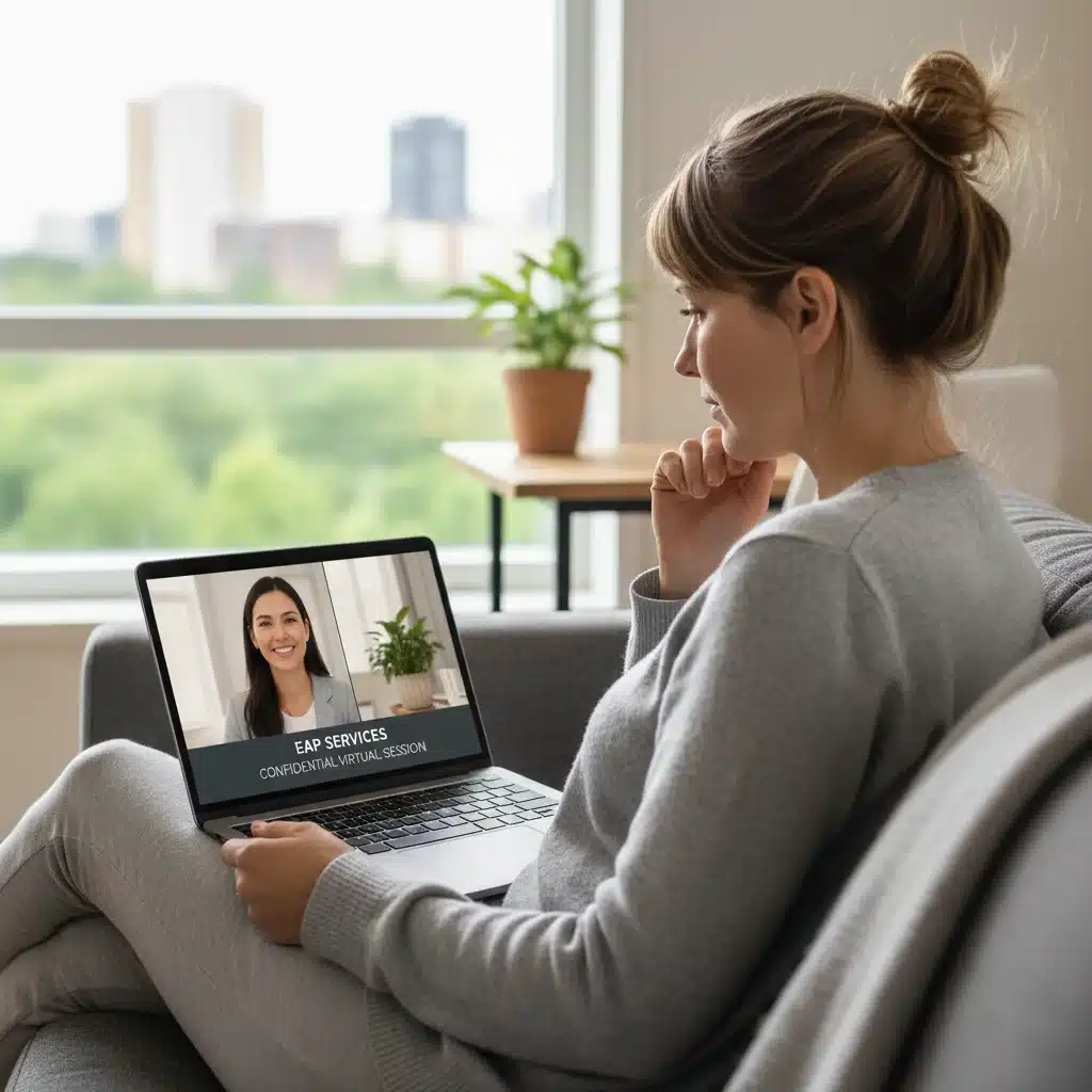 Person engaged in a virtual counseling session on a laptop, highlighting EAP accessibility.