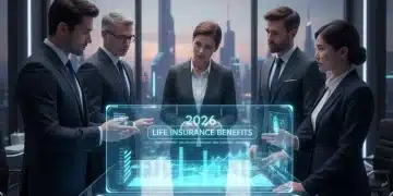 Professionals planning 2026 life insurance benefits with digital display