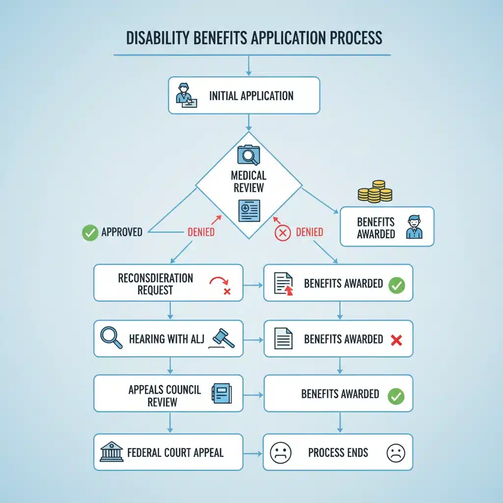 Flowchart detailing the disability benefits application and appeals process.