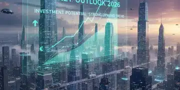 Futuristic cityscape with financial growth charts representing real estate market outlook 2026