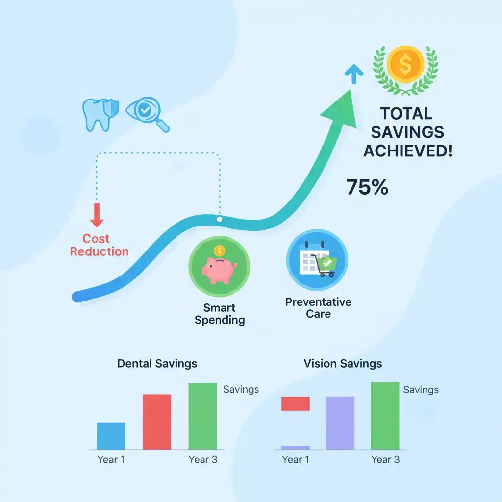 Graphic showing increasing savings with dental and vision care icons, representing reduced out-of-pocket expenses.
