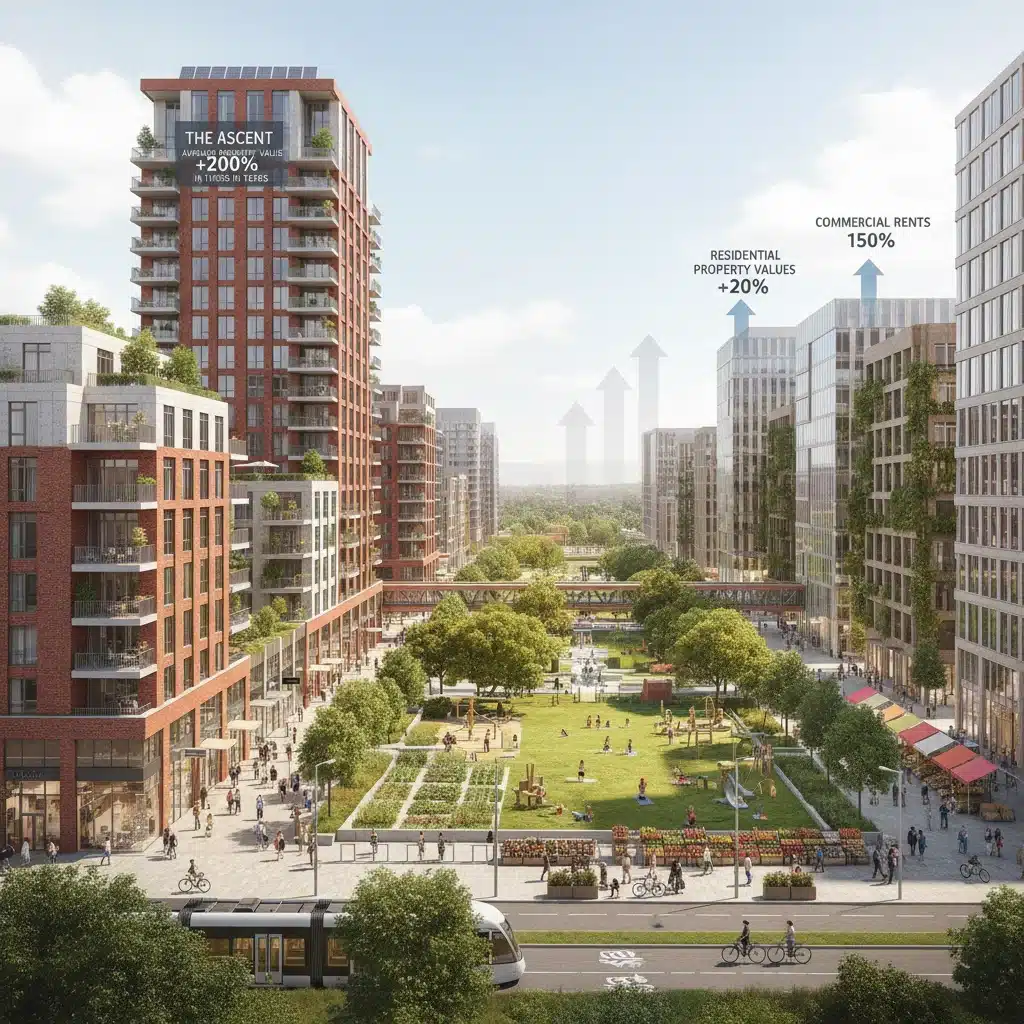 Thriving mixed-use real estate development showing urban regeneration