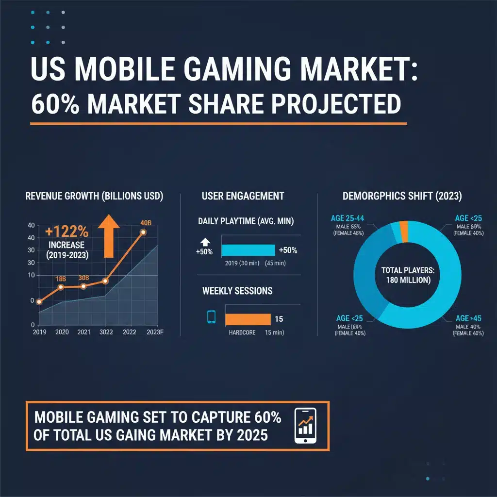 Infographic displaying key statistics and revenue trends for the US mobile gaming market, illustrating projected growth.