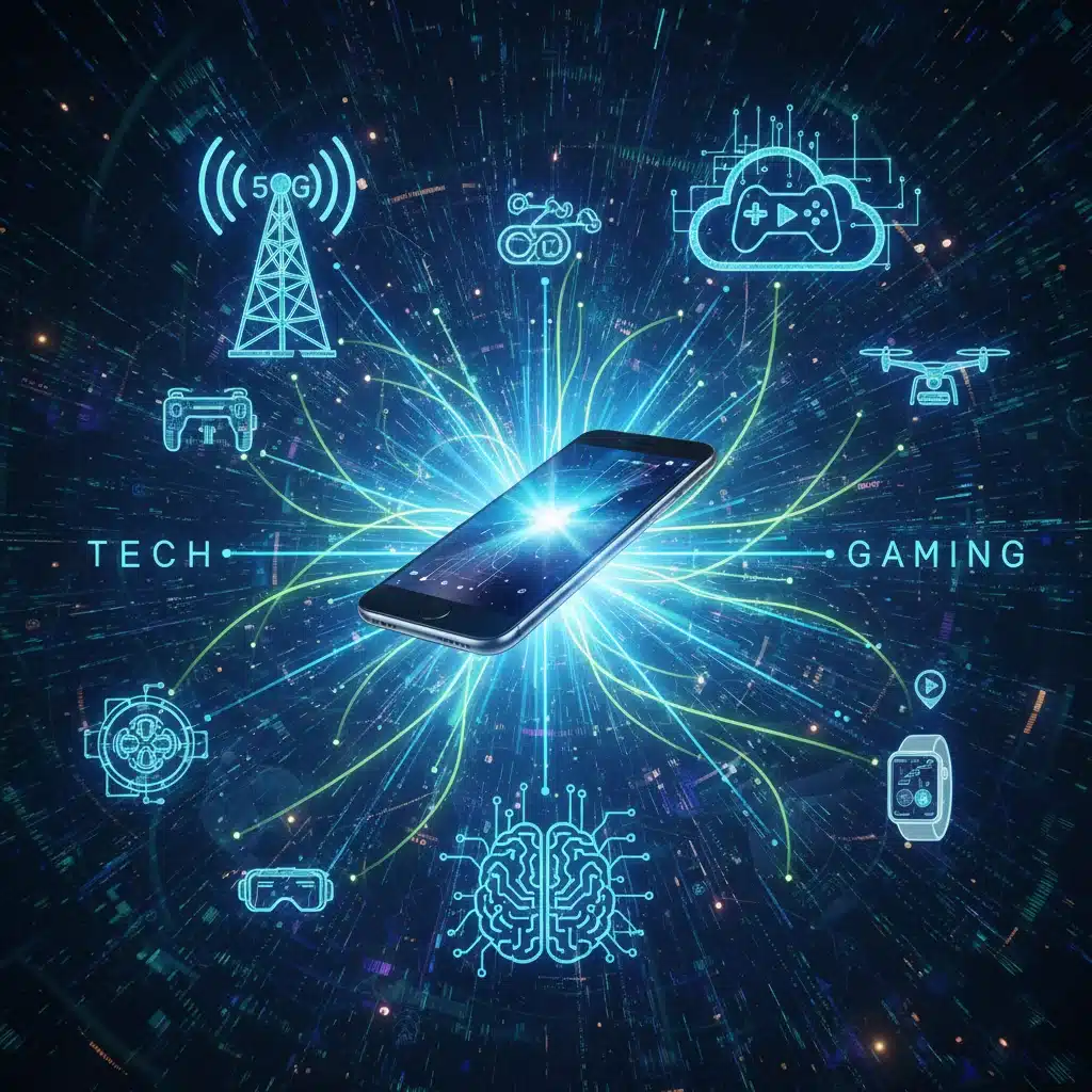 Technological convergence in mobile gaming, showing a smartphone connected to 5G, cloud, and AI symbols.