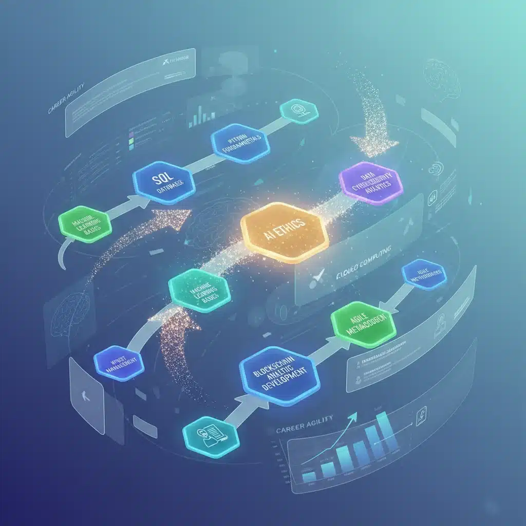 Personalized learning pathway with interconnected skill nodes and micro-credentials, demonstrating career agility.