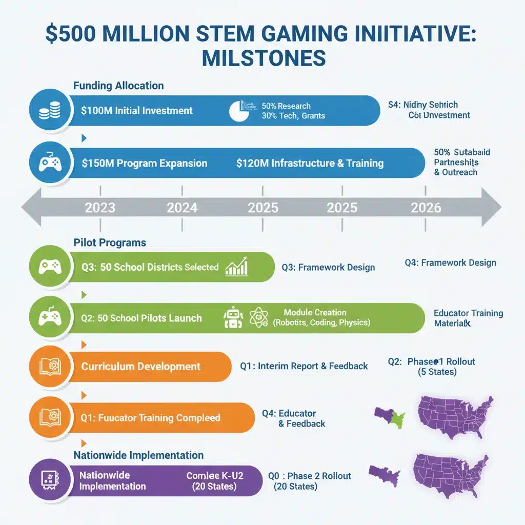 Infographic detailing the timeline and milestones of the 0 million STEM Gaming Initiative from 2023 to 2026.