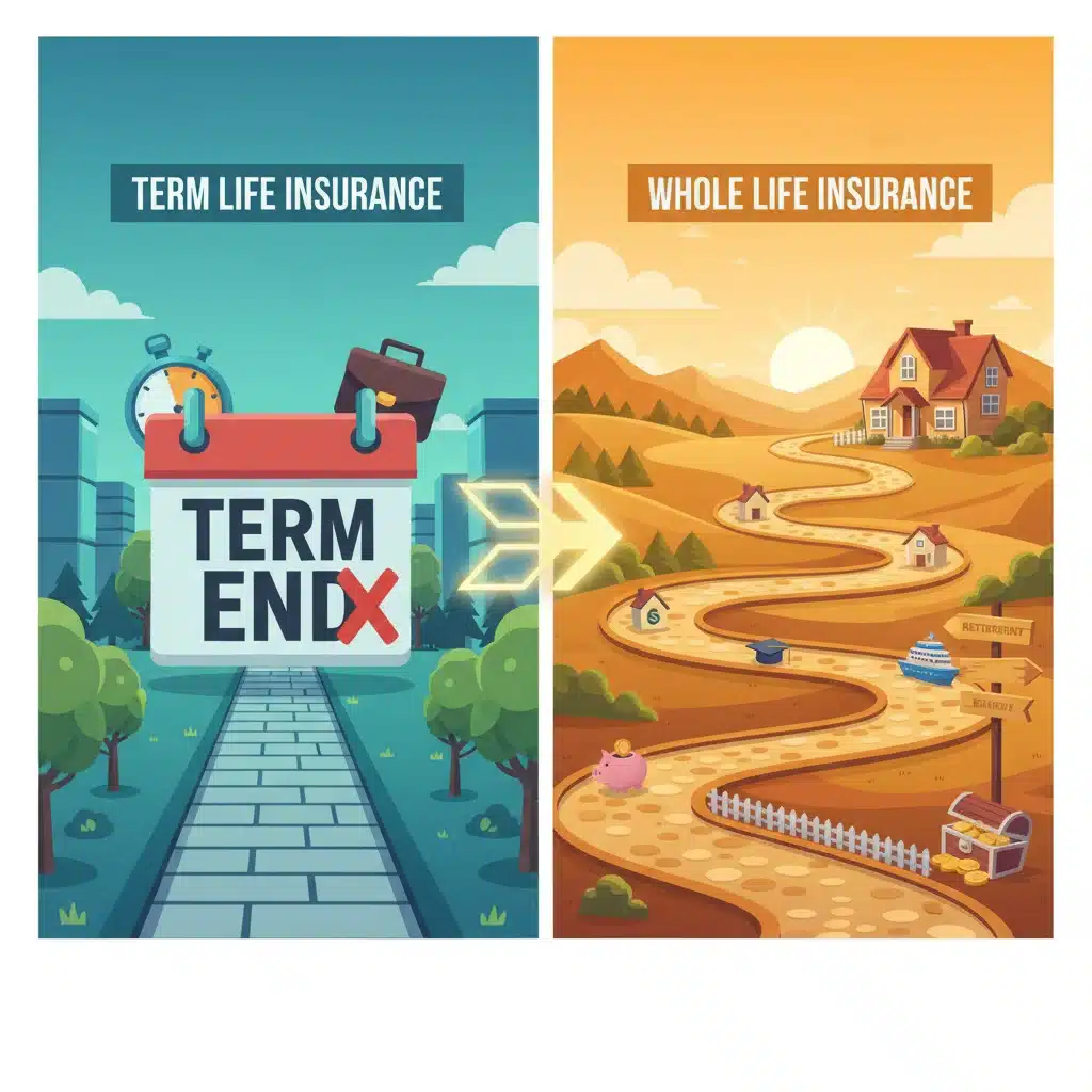 Visual comparison of term life versus whole life insurance paths