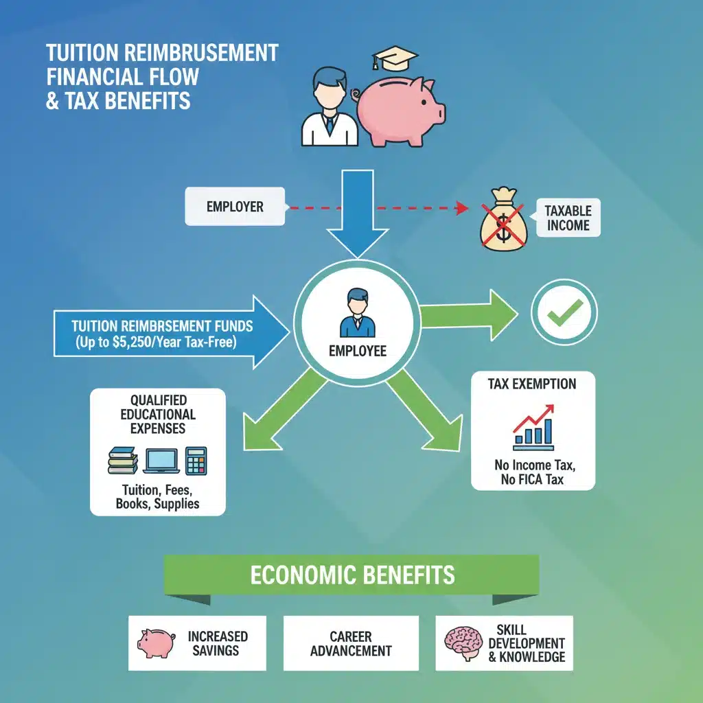 Infographic showing financial flow and tax implications of tuition reimbursement, highlighting economic benefits