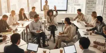 Diverse professionals actively learning in a modern classroom setting, representing employer-sponsored education