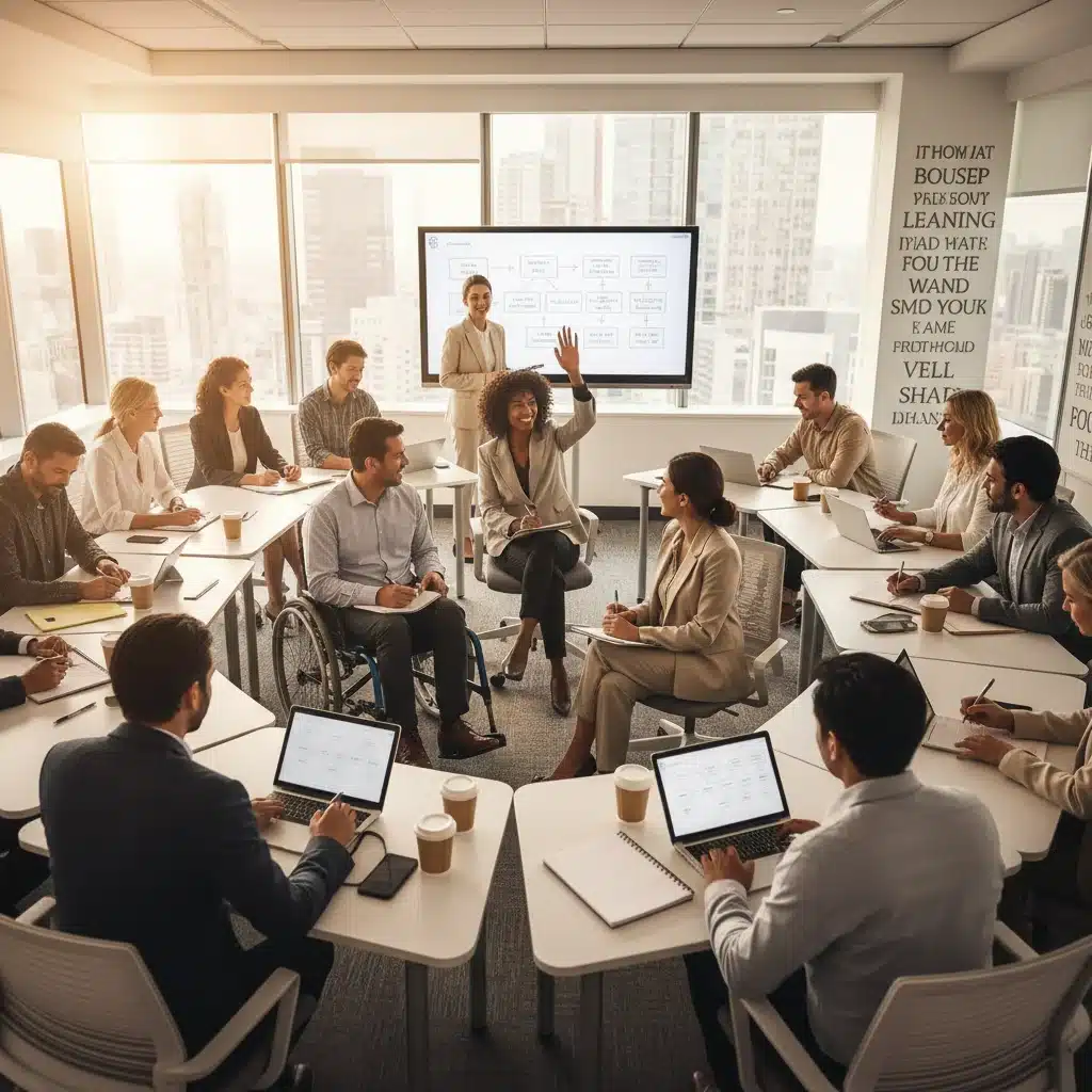 Diverse professionals actively learning in a modern classroom setting, representing employer-sponsored education