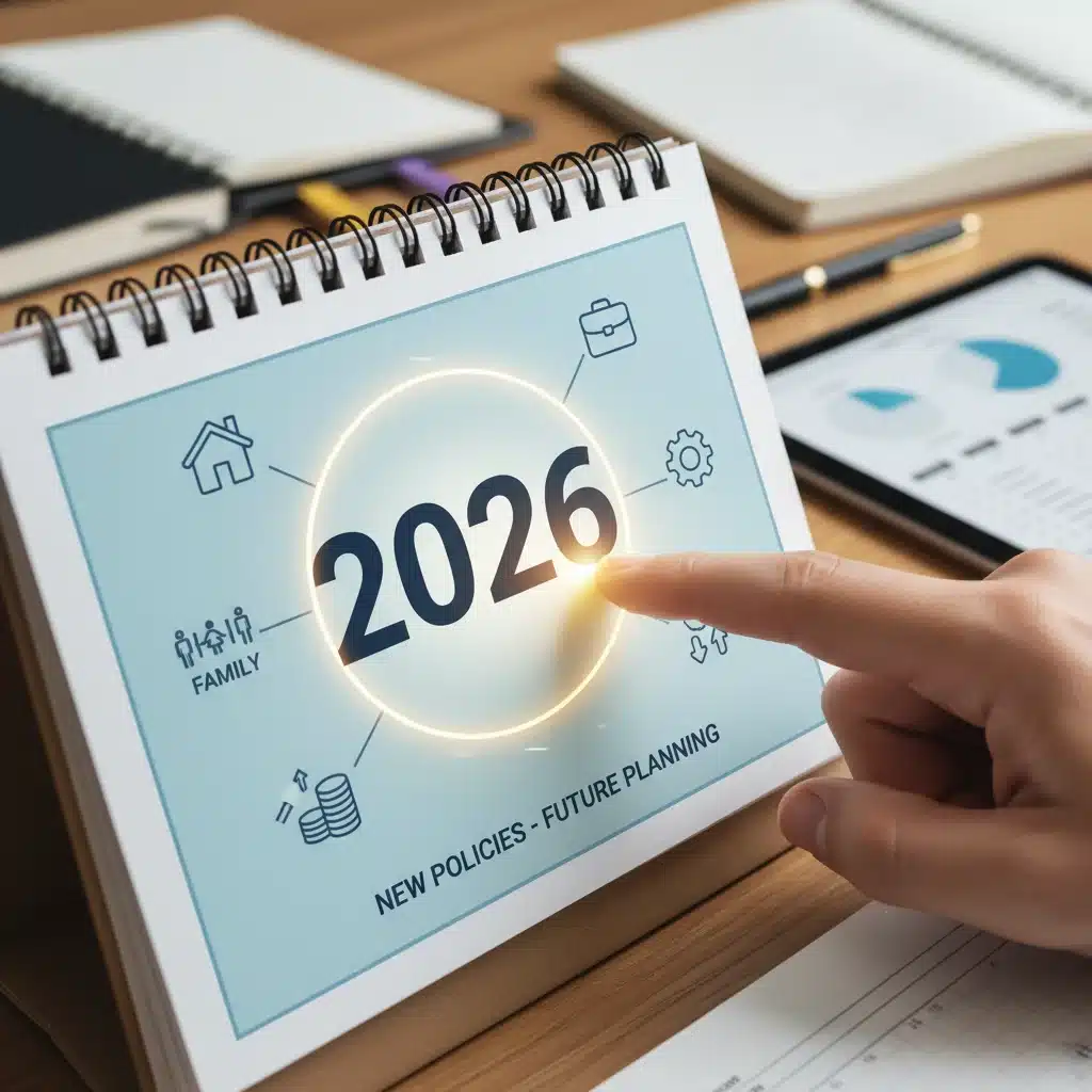 Calendar highlighting 2026 with family and finance icons, representing future parental leave changes