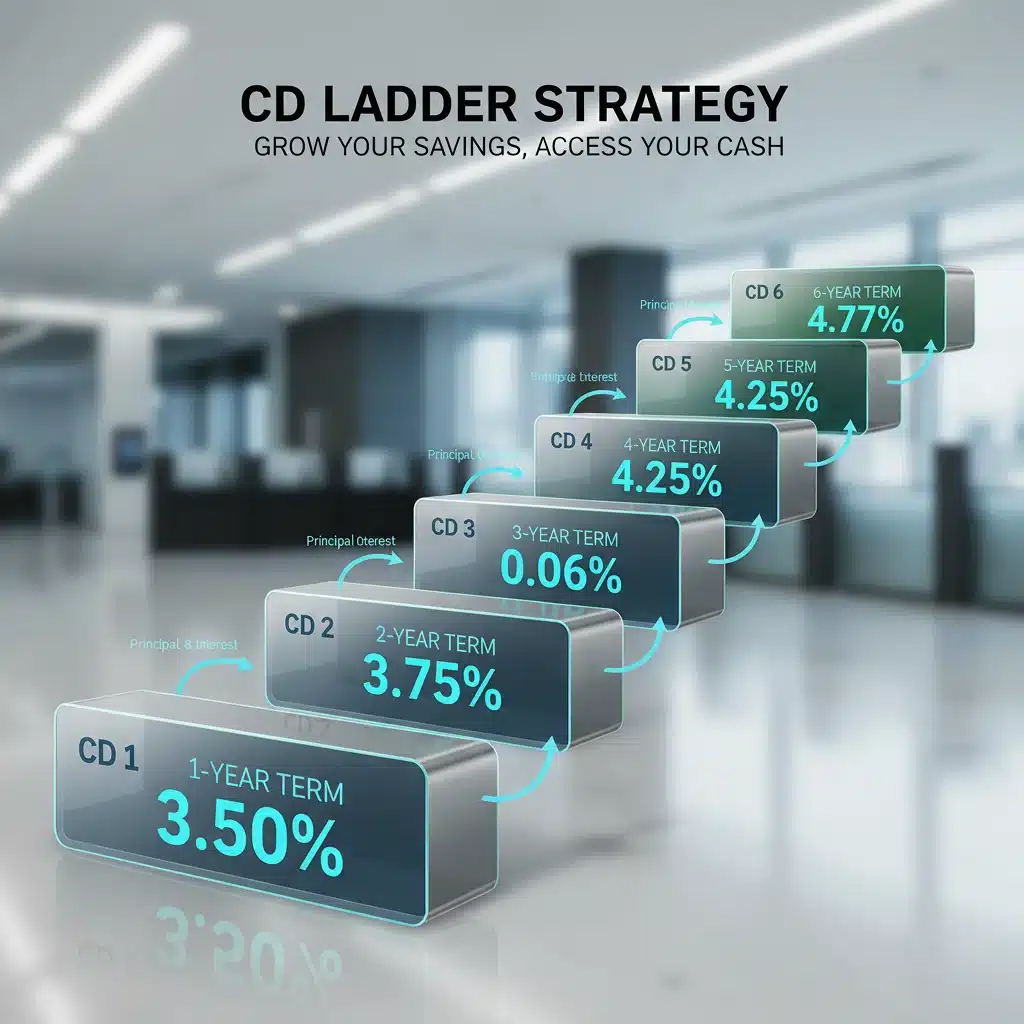 Diagram illustrating a CD ladder strategy with multiple certificates of deposit.