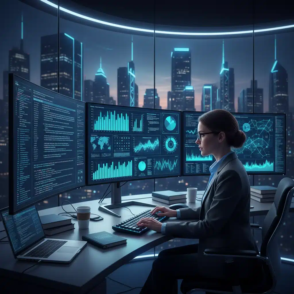 Data scientist analyzing complex data on multiple computer screens.