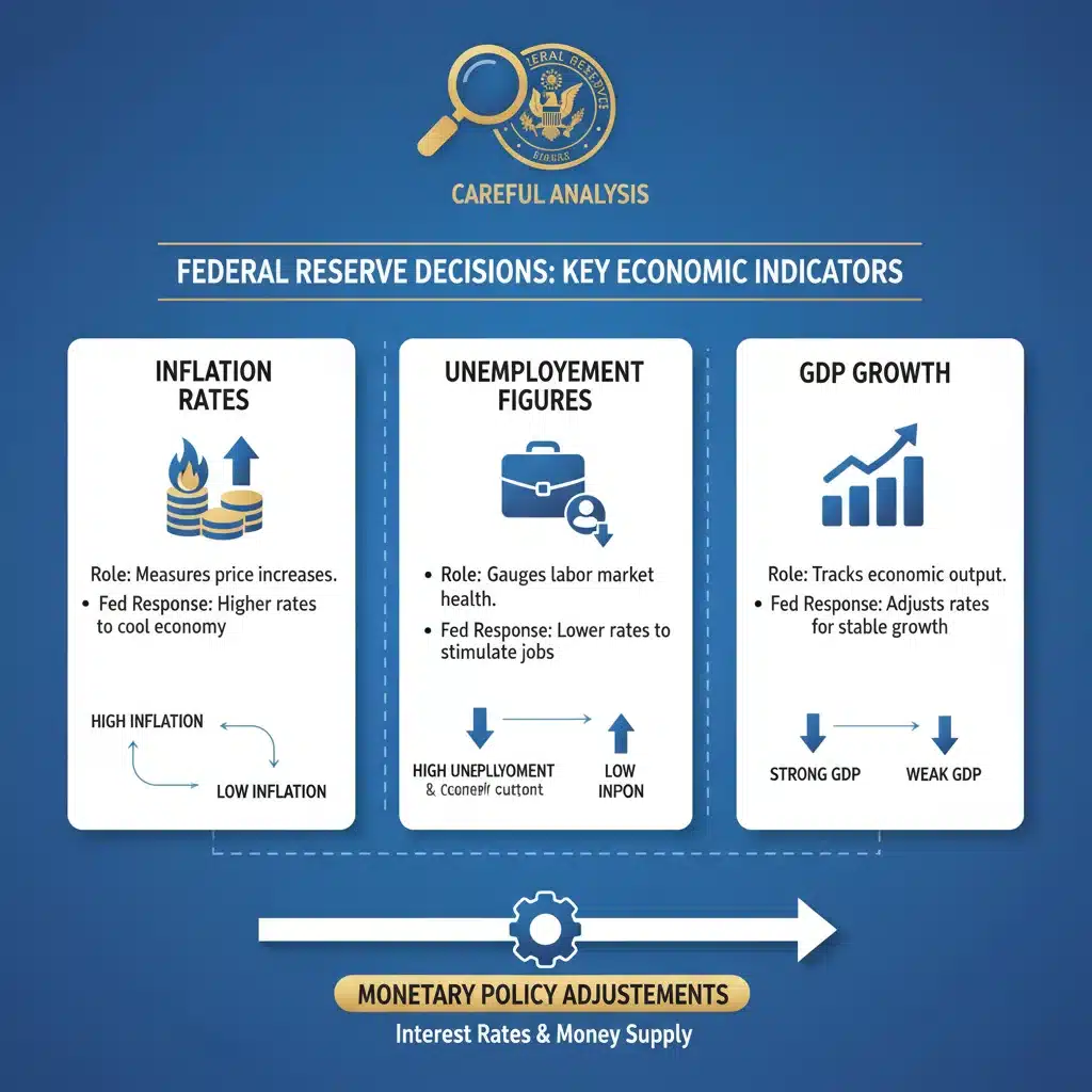 Infographic showing economic indicators influencing Federal Reserve decisions and mortgage rates.