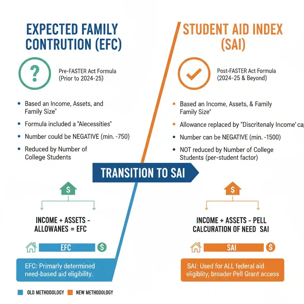 Infographic showing the transition from EFC to SAI in FAFSA calculations