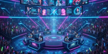 Esports arena with cheering fans and professional gamers, illustrating industry growth.
