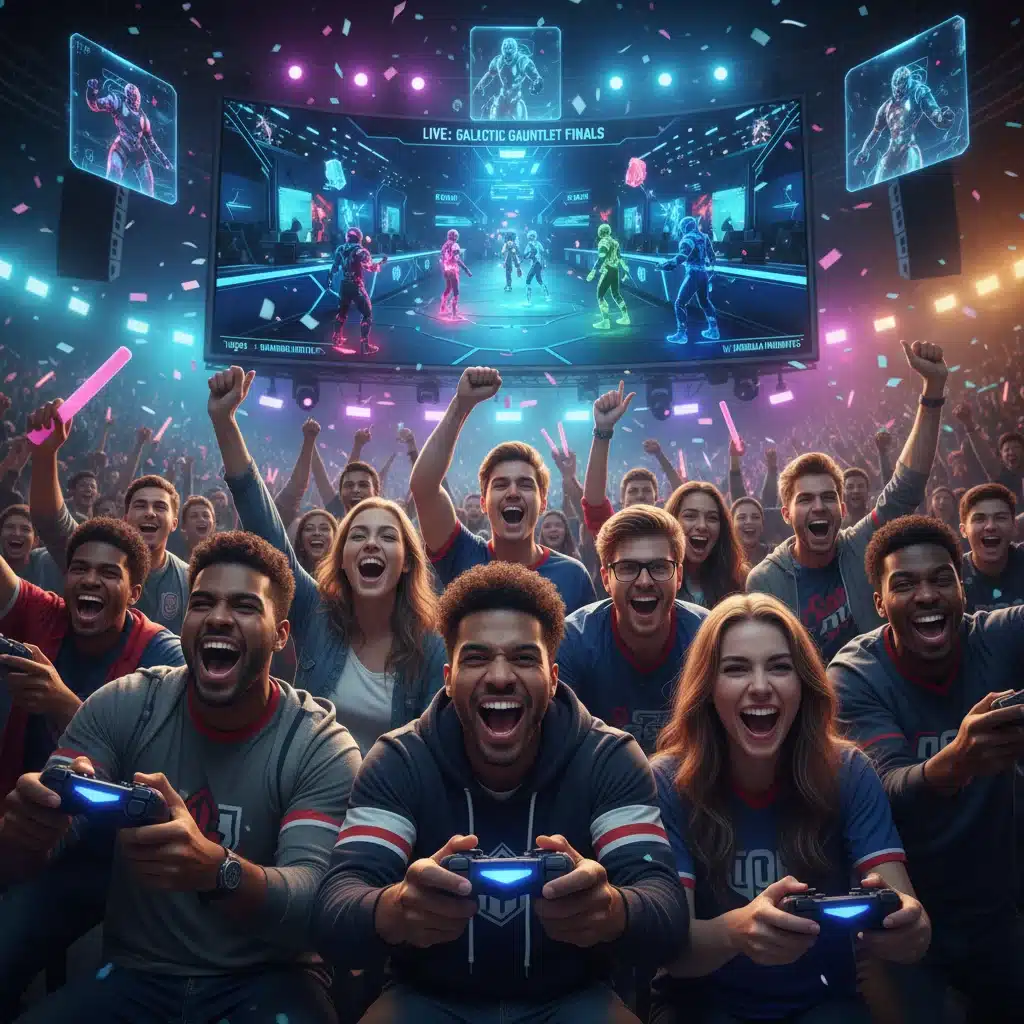 Diverse fans enthusiastically watching an esports tournament on a large screen.
