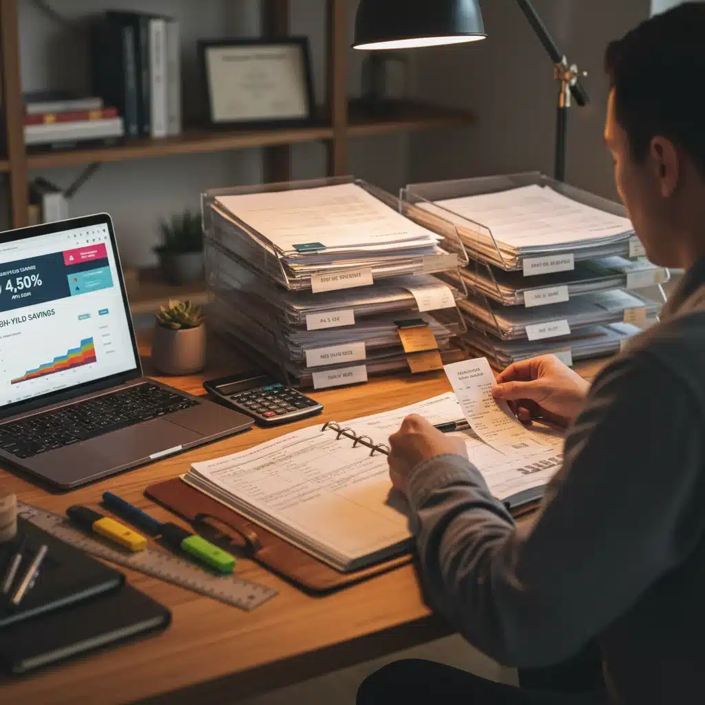 Person reviewing financial documents and a high-yield savings account dashboard on a laptop.