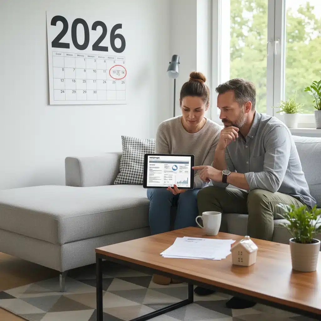 Couple reviewing mortgage documents on tablet, planning for future rates in 2026.