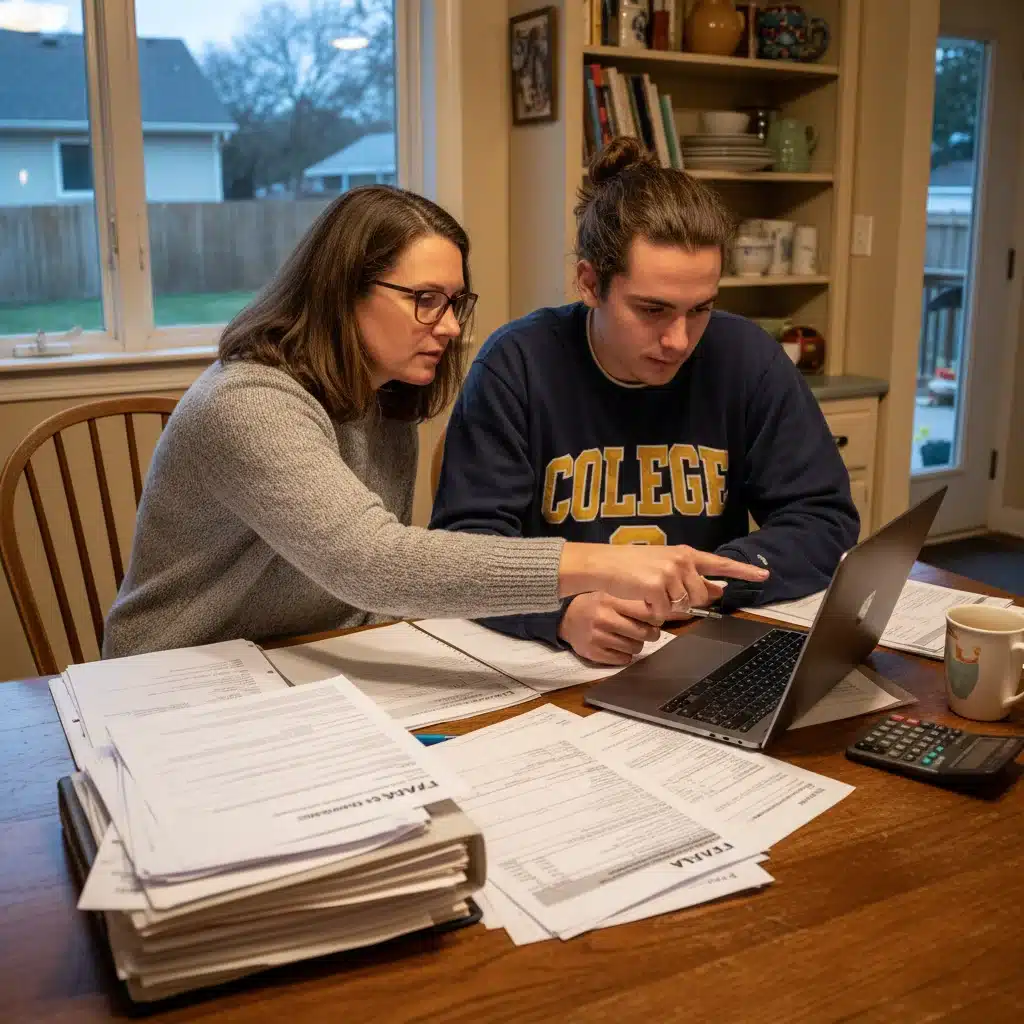 Parent and student reviewing FAFSA application documents at home