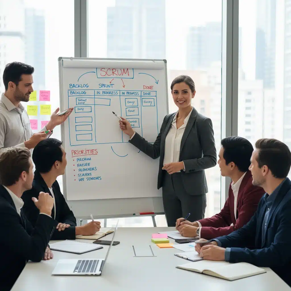 Project manager leading a team discussion with agile diagrams on a whiteboard.