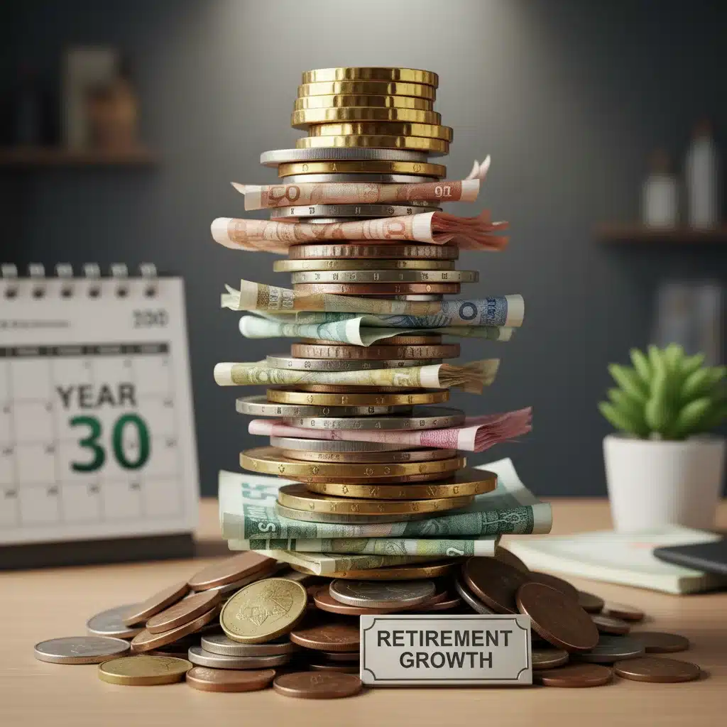 Stack of coins and currency symbolizing growing retirement savings