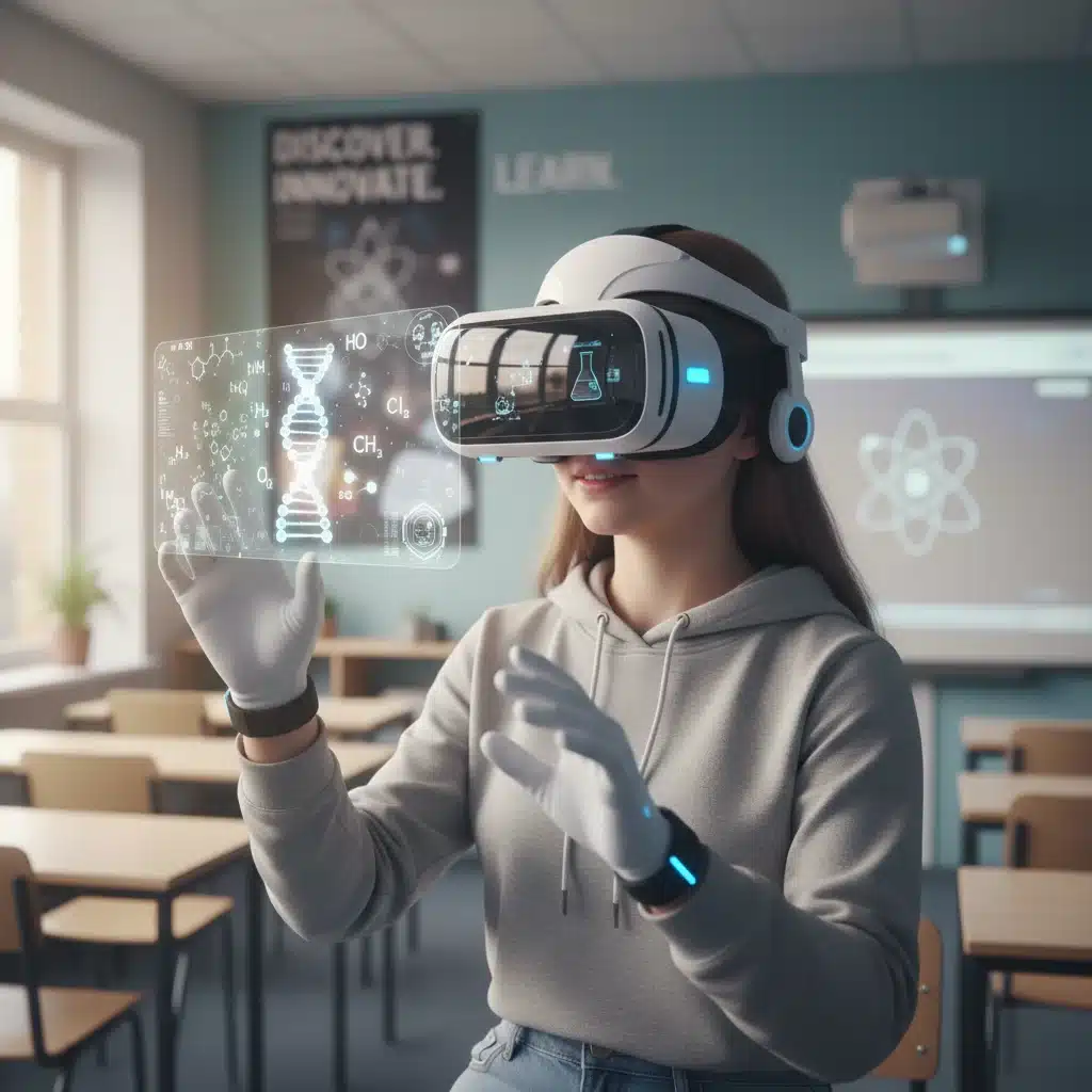 Student experiencing virtual reality in a science class.