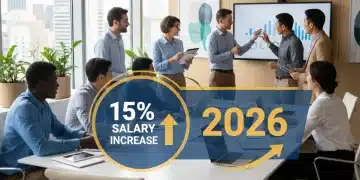 Professionals collaborating with digital overlays showing salary growth and future projections.